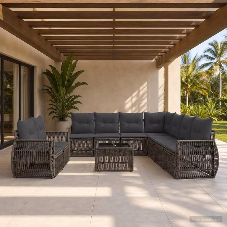 Set Divano da Giardino vidaXL 10 Pezzi a Forma di U in Polyrattan Grigio e Antracite con Tavolino e Cuscini
