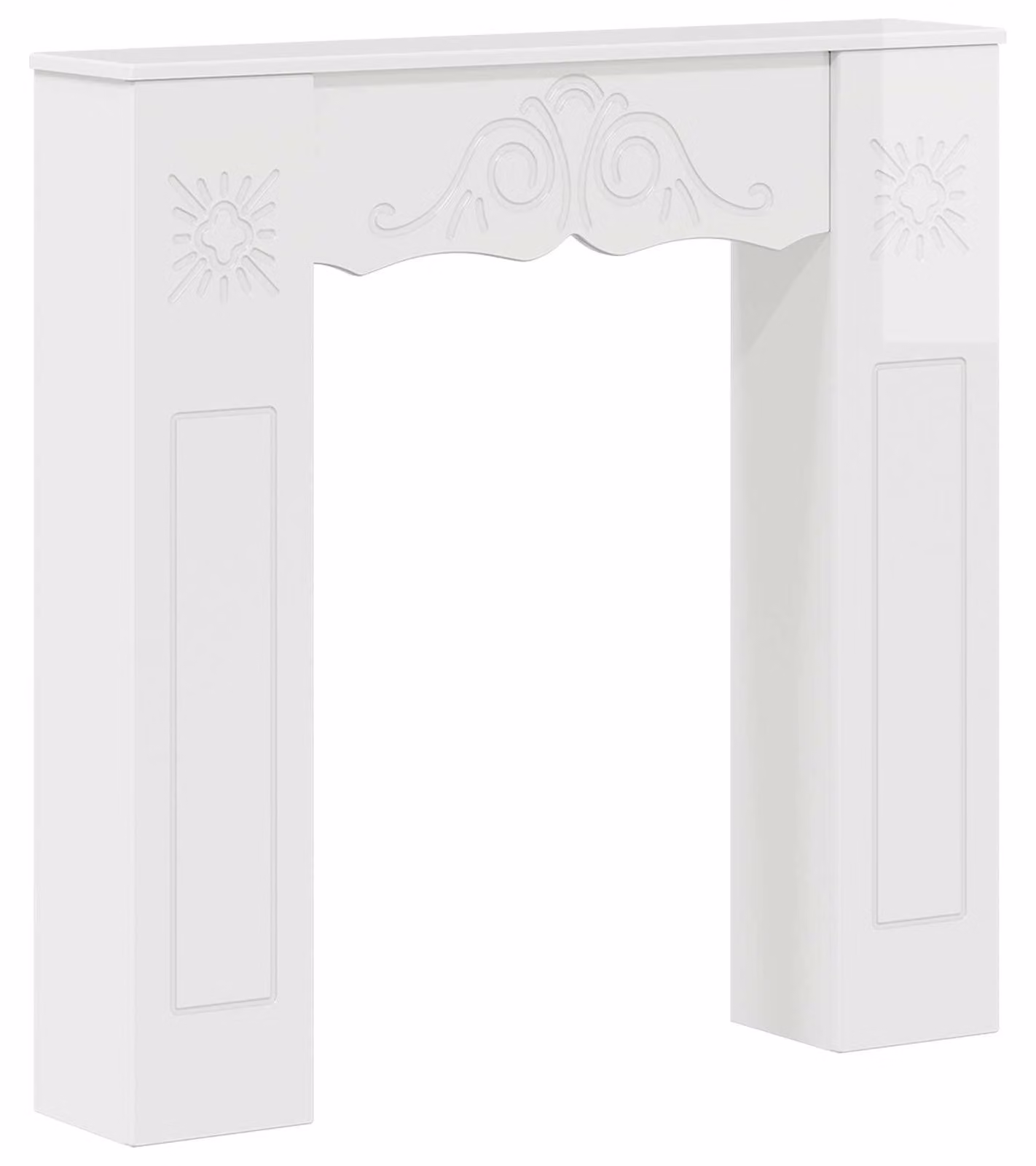 Cornice per camino, finitura lucida bianca, dimensioni 102 x 20 x 102 cm, realizzata in materiale composito di legno