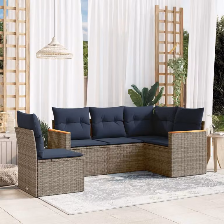 Set di divani da giardino vidaXL in polyrattan grigio con cuscini, composizione a L con elementi angolari, divani a 2 e 3 posti e struttura in metallo resistente ai raggi UV