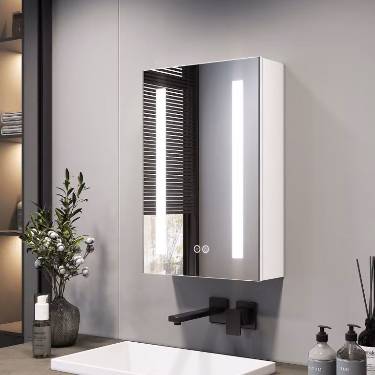 Armadietto a specchio EMKE con illuminazione a LED 400 x 600 x 145 mm con antiappannamento e 3 colori di luce dimmerabili, armadietto da bagno a 1 anta con presa e interruttore a sfioramento