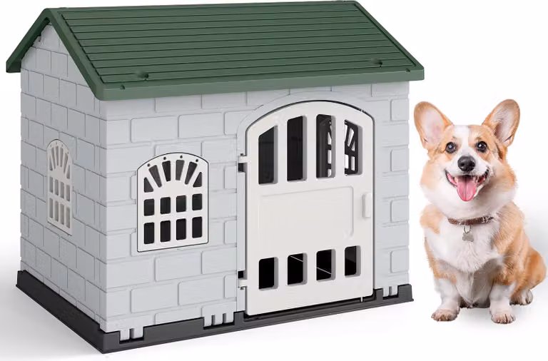 COSTWAY 75x58x65 cm cuccia per cani da esterno, casetta per cani resistente alle intemperie con tetto a capanna, porta con serratura e 3 finestre, casetta per animali, gabbia per cani da interno verde