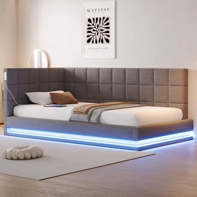 Letto divano multifunzione KOMHTOM in tessuto grigio con illuminazione sottostante e porta USB, L/P/H: 200 x 90 x 63 cm