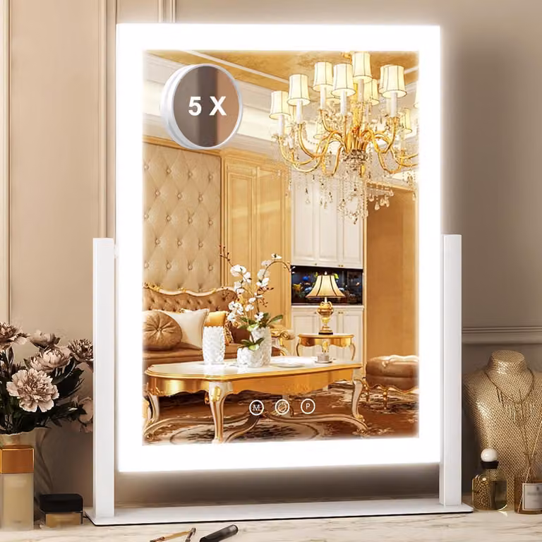 Specchio da trucco con illuminazione a LED, dimensioni 28x38 cm, 3 modalità, dimmerabile, ingrandimento 5x
