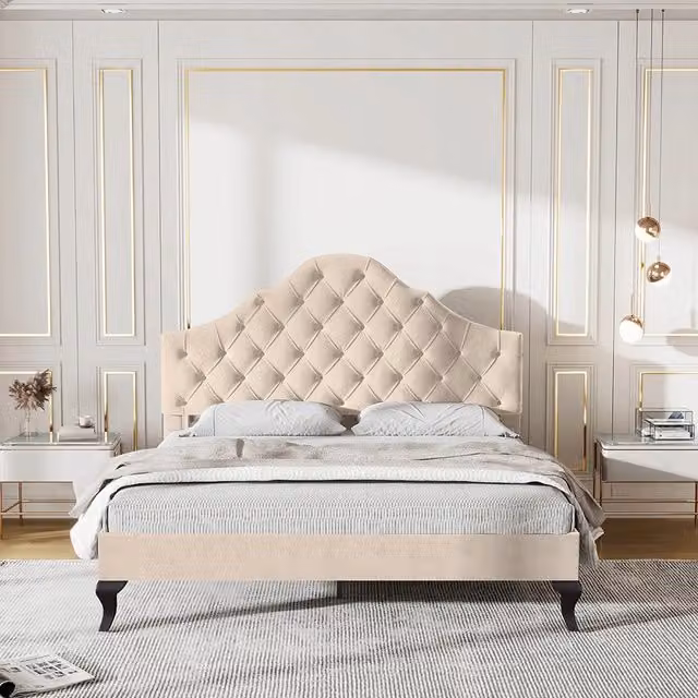 Letto 140x190 in velluto - Xylo - Schienale regolabile, colore beige