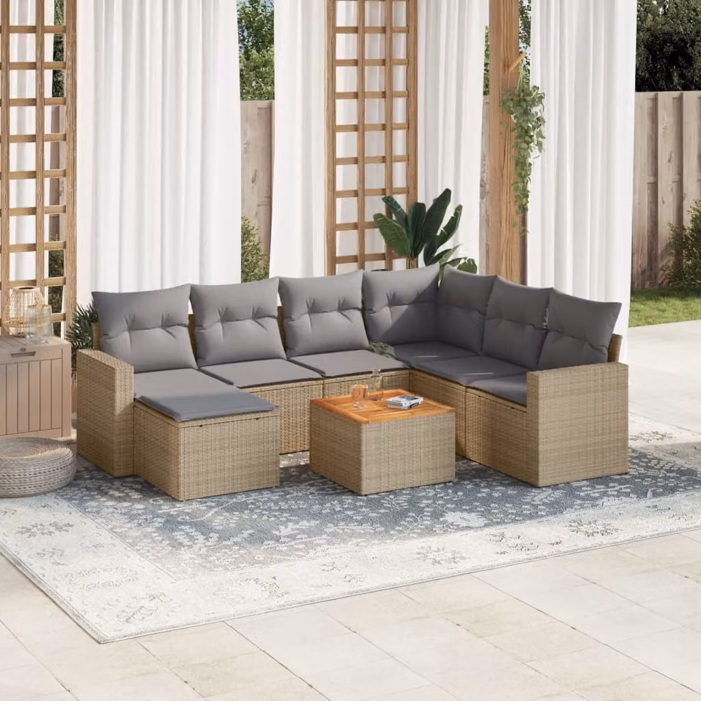Set Divano da Giardino a L vidaXL 8 pz in Polyrattan con Cuscini Beige e Tavolino da Esterno – 1