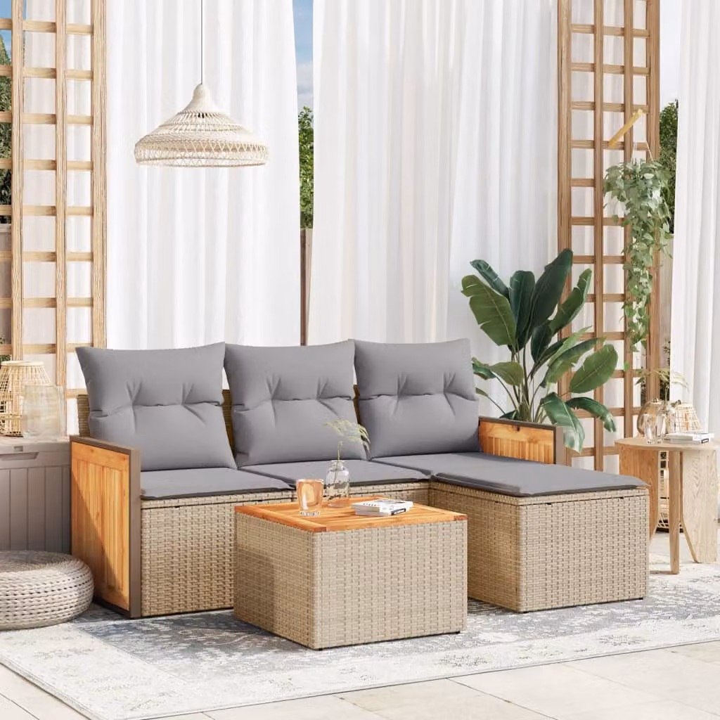 Set Divano da Giardino a L vidaXL 5 pz in Polyrattan con Cuscini Beige e Tavolino da Esterno – 1