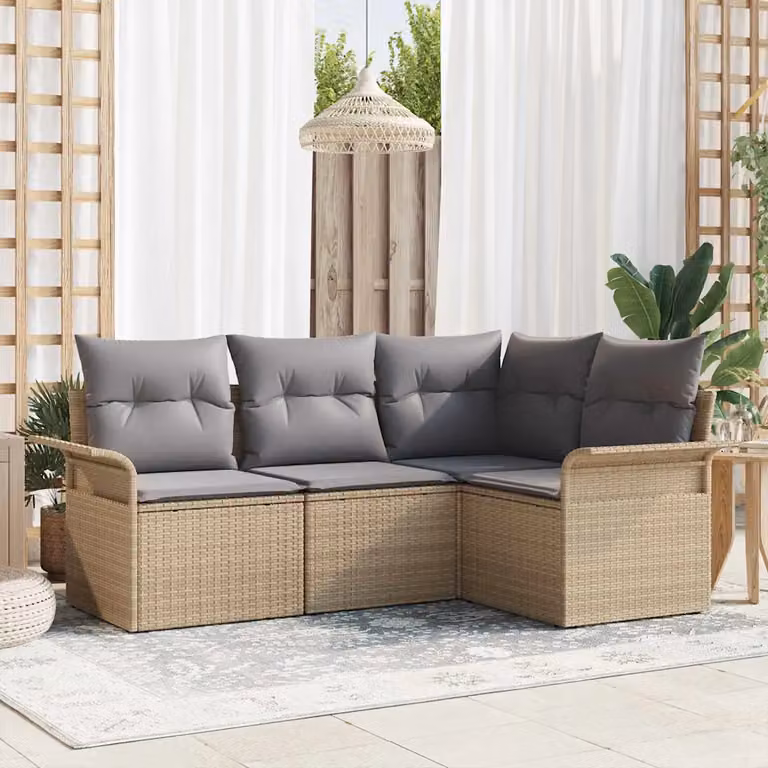 Set Divano da Giardino a L vidaXL in Polyrattan Beige con Cuscini e Tavolino da Esterno