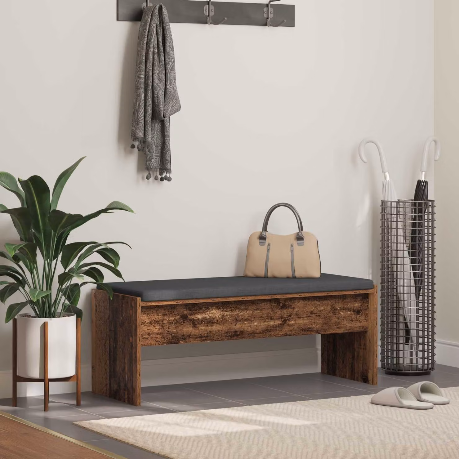 Panca per ingresso moderna vidaXL in legno e tessuto, L/P/H: 103 x 38 x 40 cm, colore marrone e grigio