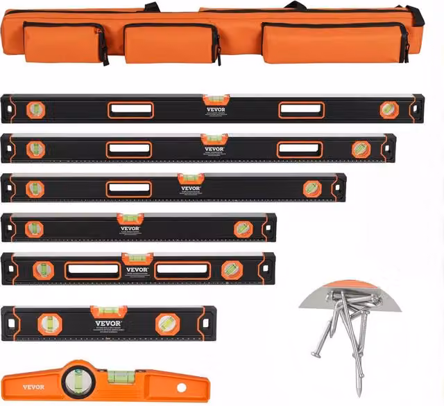 Set di 6 livelle a bolla magnetiche in alluminio nero e arancione SP-N6 con borsa per fai da te, lunghezze da 250 a 2000 mm