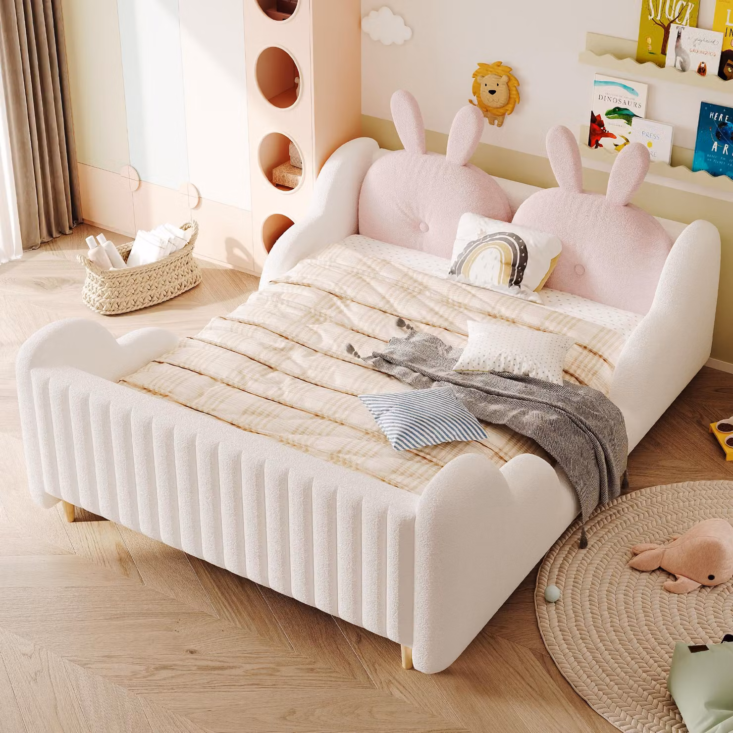 Letto per bambini imbottito Merax 140x200 cm con spondine a forma di nuvola, letto in velluto con cuscino a forma di coniglio, letto a piattaforma per ragazzi con cuscino a forma di coniglio, bianco