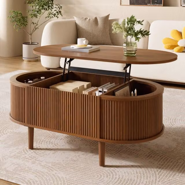 Tavolino da salotto elevabile ovale con piano regolabile e vano contenitore diviso, in MDF, noce, 100×48×54.5 cm