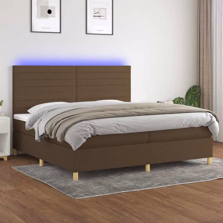 Letto a molle con materasso e illuminazione LED vidaXL in tessuto marrone e bianco, L/P: 200 x 200 cm