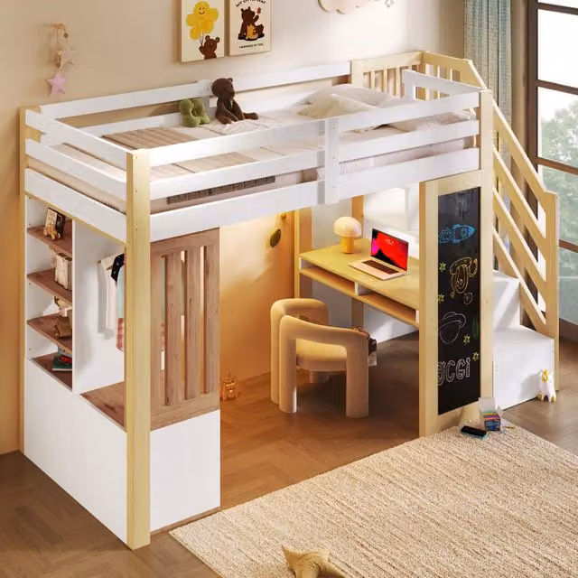 Letto a soppalco 90×200 cm con scrivania, armadio, ripiani, scala contenitore e LED, senza materasso, bianco naturale