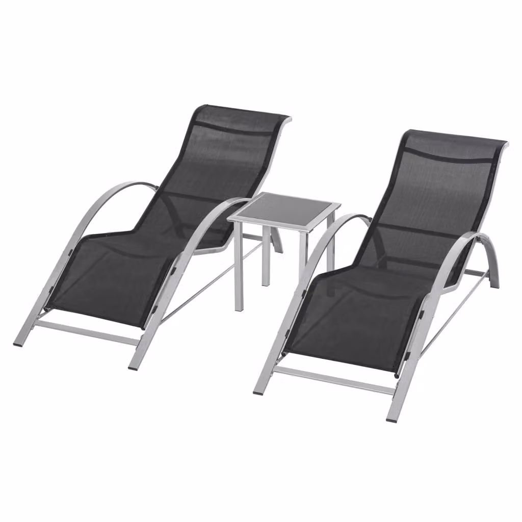 Set di 2 Sdraio da Giardino con Tavolino in Vetro e Tessuto Traspirante, Design Moderno in Acciaio Verniciato, Nero e Grigio, L/P/H: 169 x 59 x 66 cm – 2