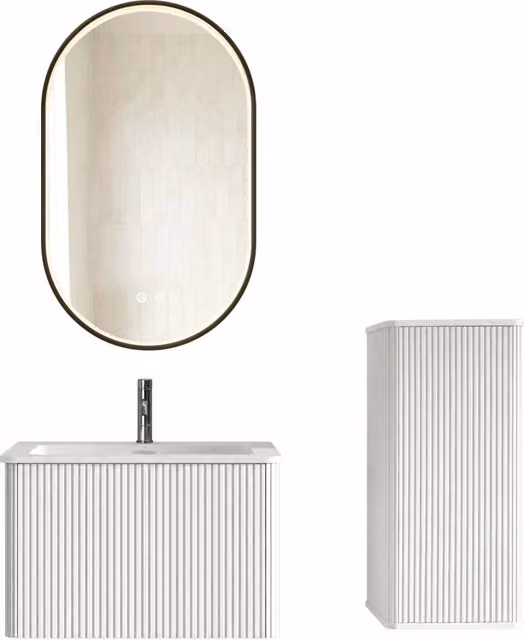 Set Mobili Bagno Sospeso 60 cm Bianco Opaco con Lavabo in Pietra Artificiale; Colonna Laterale e Specchio Ovale LED con Cornice Nera