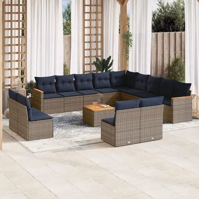 Set di Divani da Giardino a Forma di U vidaXL in Polyrattan con Cuscini e Tavolino, Grigio e Blu