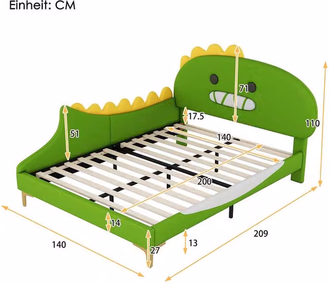 Letto per bambini 140x200 cm - Xylo - Materiale PU stampa dinosauro verde