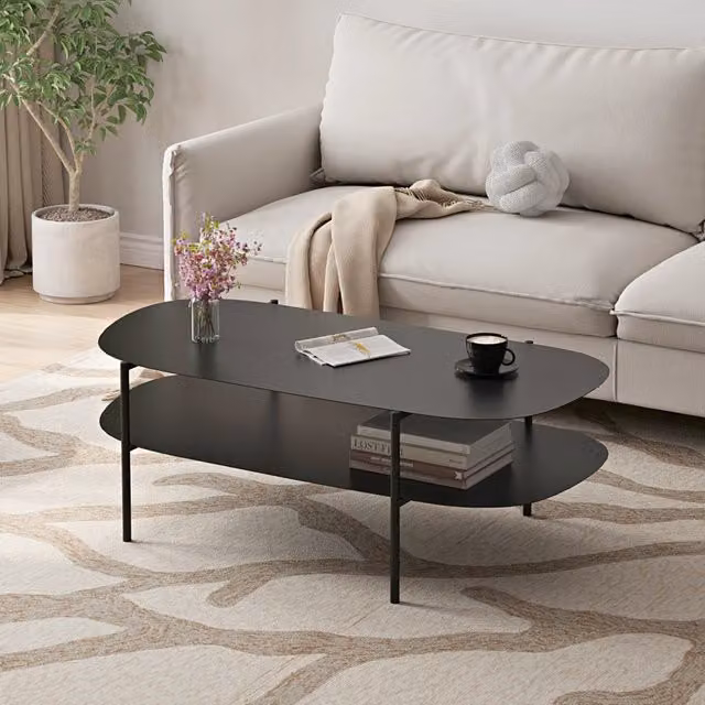 Tavolino basso Enebakk en.casa in acciaio con piano ovale nero L: 112 cm, P: 62 cm, H: 40,5 cm