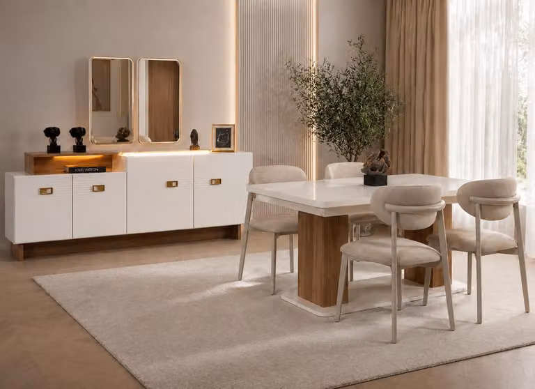 Set da pranzo elegante, bianco, con tavolo in legno, 4 poltrone imbottite e un mobiletto contenitore