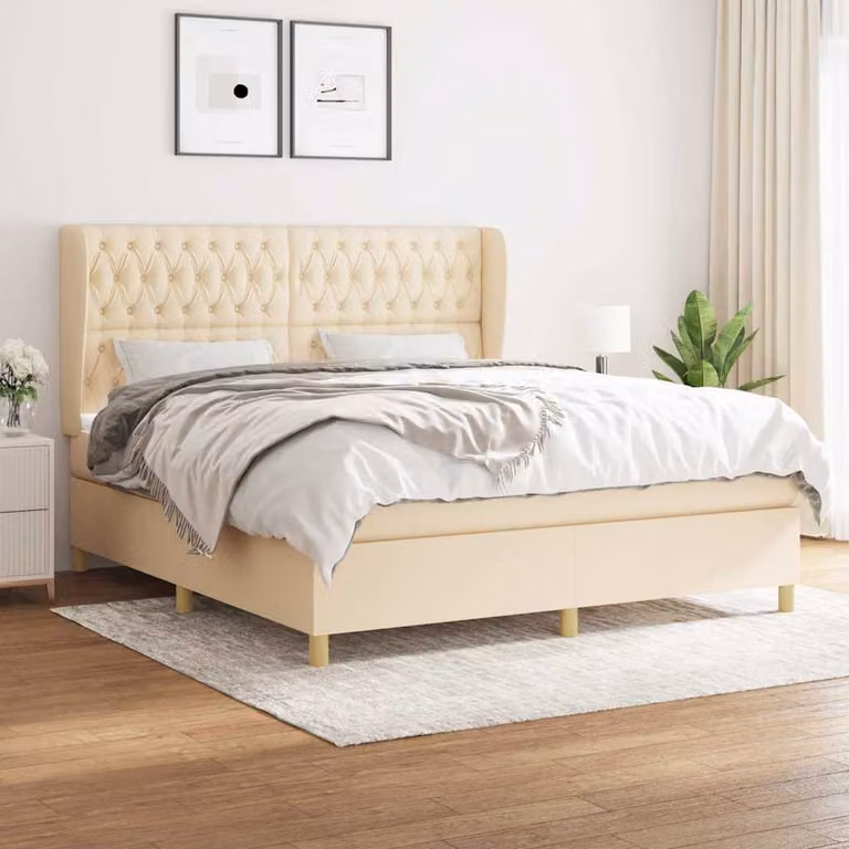 vidaXL Letto Ibrido con Giroletto a Molle e Materasso in Tessuto Beige e Bianco, L/P: 180 x 200 cm