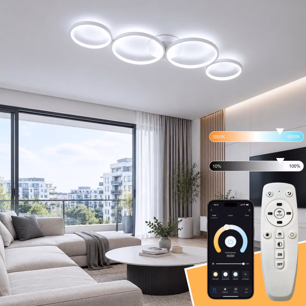 Lampada da soffitto a LED, moderna, con temperatura di colore regolabile da 3000K a 6500K. Lampada per soggiorno con 4 anelli rotondi, 68W, bianca, dimmerabile, 88cm. Design elegante, ideale per ufficio, camera da letto, soggiorno, corridoio, cucina.