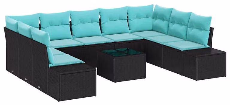 Set da giardino composto da 10 pezzi, colore nero, realizzato in rattan sintetico