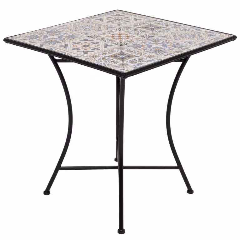 Vestiamo Casa - Tavolo quadrato in metallo nero con top in ceramica a maioliche blu, H 75 x L 70 x P 70 cm