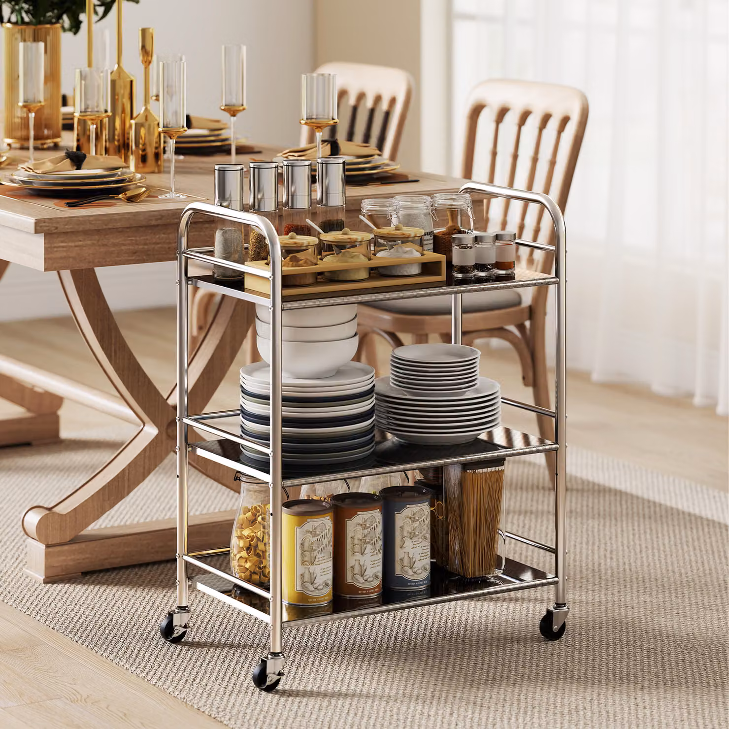 Carrello Multiuso HOMCOM a 4 Livelli con Ripiano Regolabile e Bordi Rialzati in Acciaio Inox Argento L/P/H: 60 x 35 x 77 cm – 2