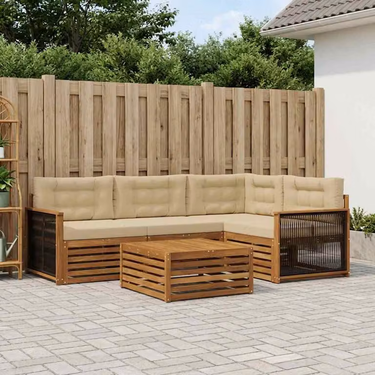 Set di divani da esterno vidaXL 5 pezzi in legno di acacia con tavolo da caffè, design moderno a L, colore beige e marrone con cuscini inclusi