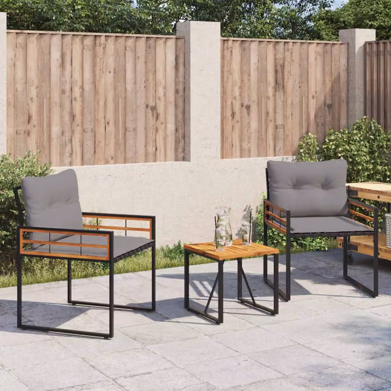 Set di mobili da esterno vidaXL 3 pezzi in legno di acacia e acciaio con cuscini imbottiti grigi per giardino e terrazzo