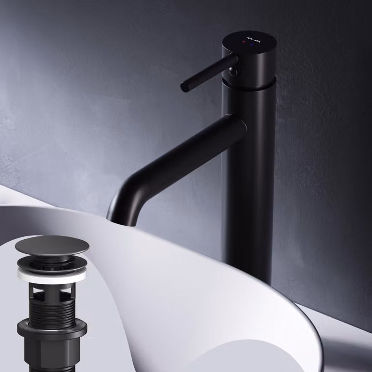 Miscelatore per lavabo, modello alto, in ottone nero, completo di gruppo di scarico