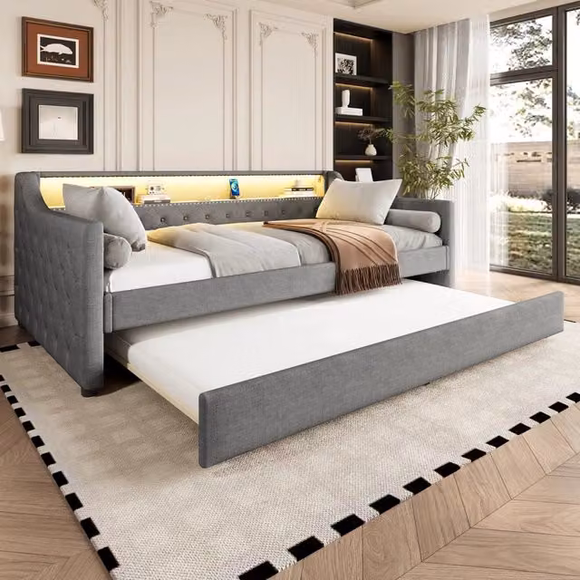 Letto da giorno 90 x 200 cm, divano letto con rete a doghe (senza materasso), luci LED, letto estraibile, presa USB, lino - Grigio
