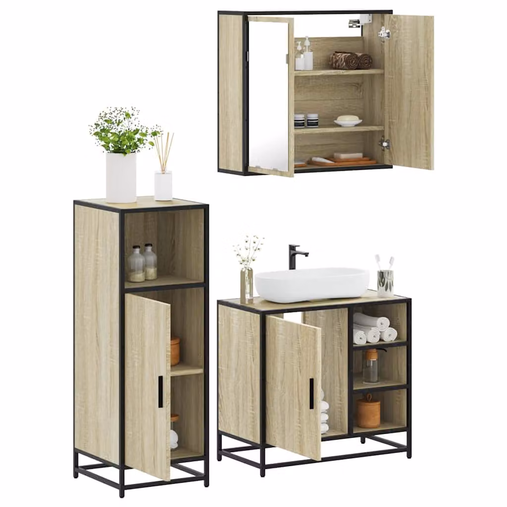 Set di mobili da bagno industrial vidaXL composto da 3 pezzi in legno, metallo e vetro, colore marrone, con armadietto specchio a LED e mobile lavabo