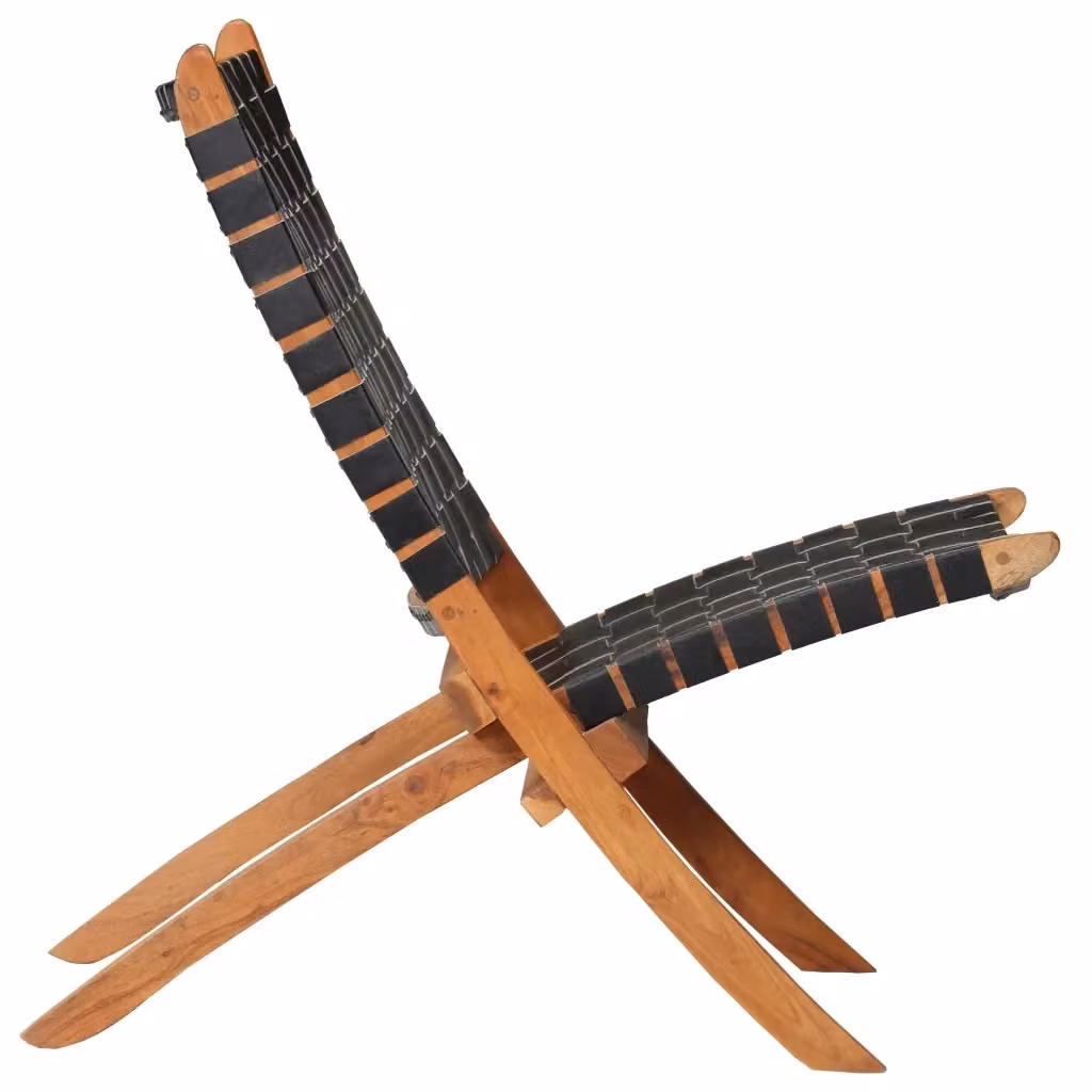Sedia in Legno di Acacia e Vera Pelle Nera vidaXL per Soggiorno, Giardino o Sala da Pranzo – 2