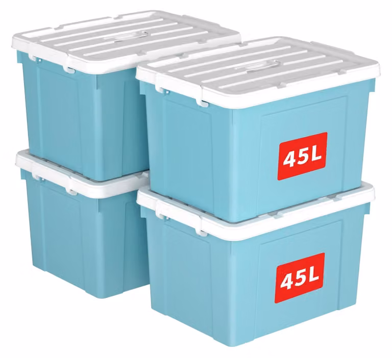 Omgoods - Set di 4 contenitori portaoggetti da 45 litri con coperchio e maniglia