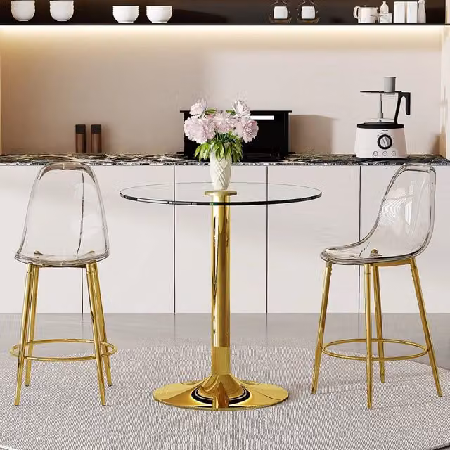 Set tavolo e sedie da bar con tavolo rotondo e 2 sgabelli con poggiapiedi, vetro, metallo e plastica oro trasparente