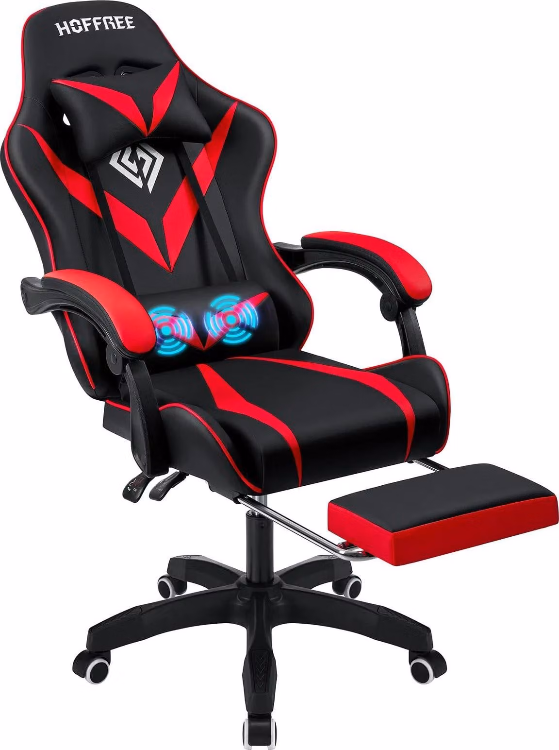 Sedia da gaming - Sedia da ufficio ergonomica - Fino a 180 kg - Supporto lombare massaggiante - Funzione reclinabile - Poggiapiedi - Braccioli regolabili - Pelle finta - Rosso-nero
