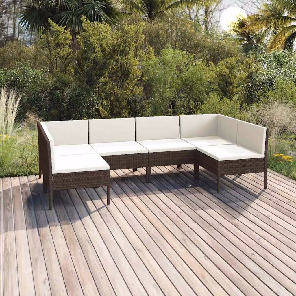 Set Divani da Giardino vidaXL 6 pz a Forma a L con Cuscini, Struttura in Metallo e Polyrattan Marrone e Bianco