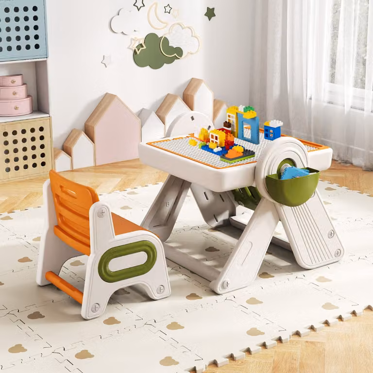 Costway Set tavolo e sedia multifunzione 6 in 1 per bambini dai 18 mesi in su, cavalletto pieghevole con piano reversibile e porta penne, Arancione