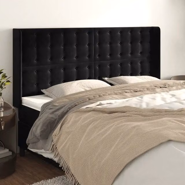 Testiera ad orecchio vidaXL in velluto nero con struttura in legno e MDF L: 183 cm, P: 16 cm, H: 118-128 cm – 1