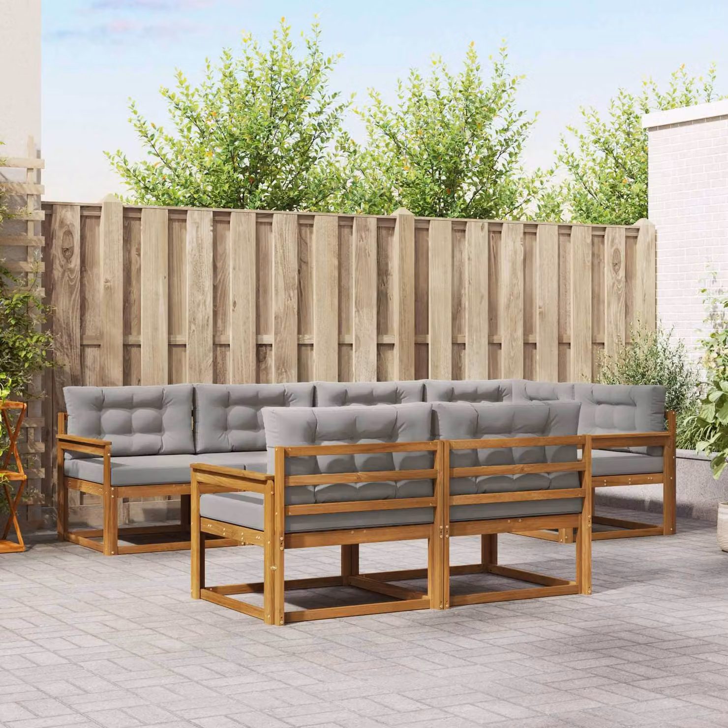 Set di divani da esterno a forma di U vidaXL in legno di acacia con cuscini, 8 pezzi, Marrone e Grigio