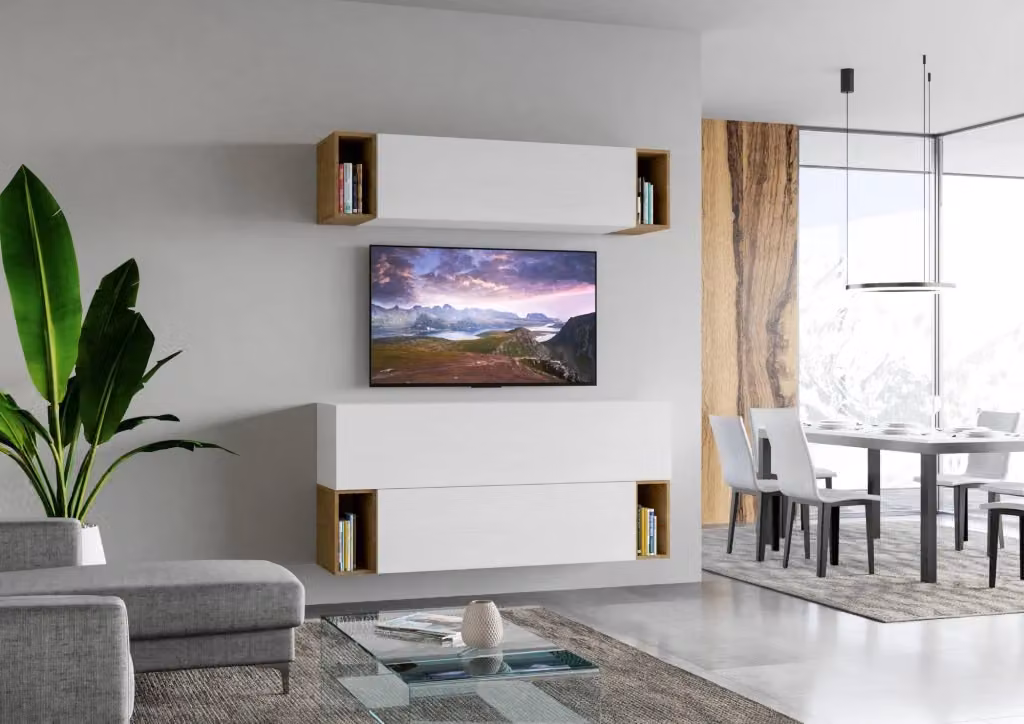 Composizione parete soggiorno moderna Itamoby A29 bianca con mensole e pensili L: 173,6 cm, P: 39,2 cm, H: 40,0 cm – 2