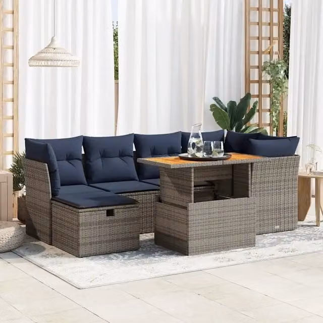 Set di divani da giardino vidaXL in rattan e legno di acacia con 7 cuscini neri – 1