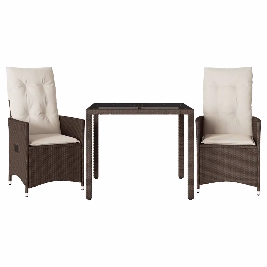 Set Bistrò vidaXL 3 pz in Polyrattan Marrone e Bianco con Cuscini e Tavolo in Vetro per Giardino e Balcone – 2
