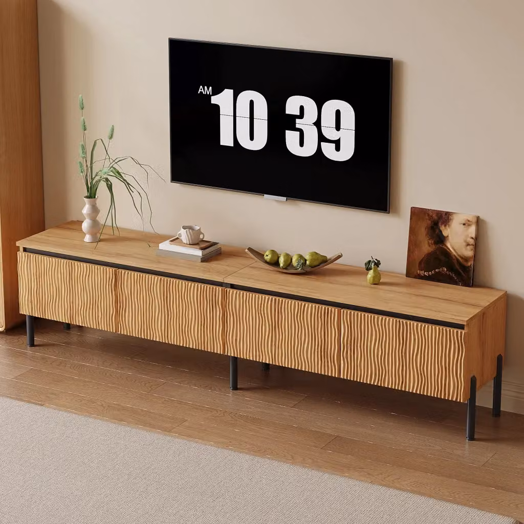 Mobile porta TV moderno OKWISH in legno e MDF beige con 4 ante a righe e vani porta media, L: 180 cm, P: 35 cm, H: 43 cm – 2