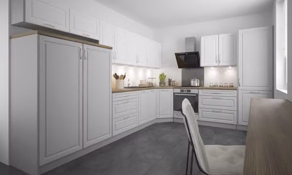 Mobile cucina a L ELBING 372x304cm grigio bianco - pietra grigio chiaro HETTICH guida a estrazione totale