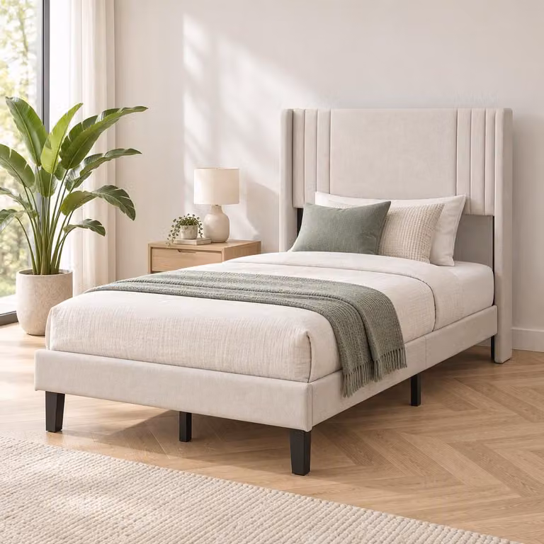 Letto imbottito INONEFT, 90 x 200 cm, con rete a doghe, letto singolo per ragazzi con testiera, struttura robusta in legno e metallo (beige, 90x200 cm)