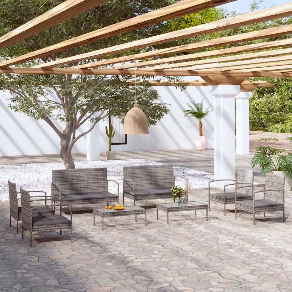 Set Divani da Giardino vidaXL 8 pz in Polyrattan e Metallo con Cuscini Grigio