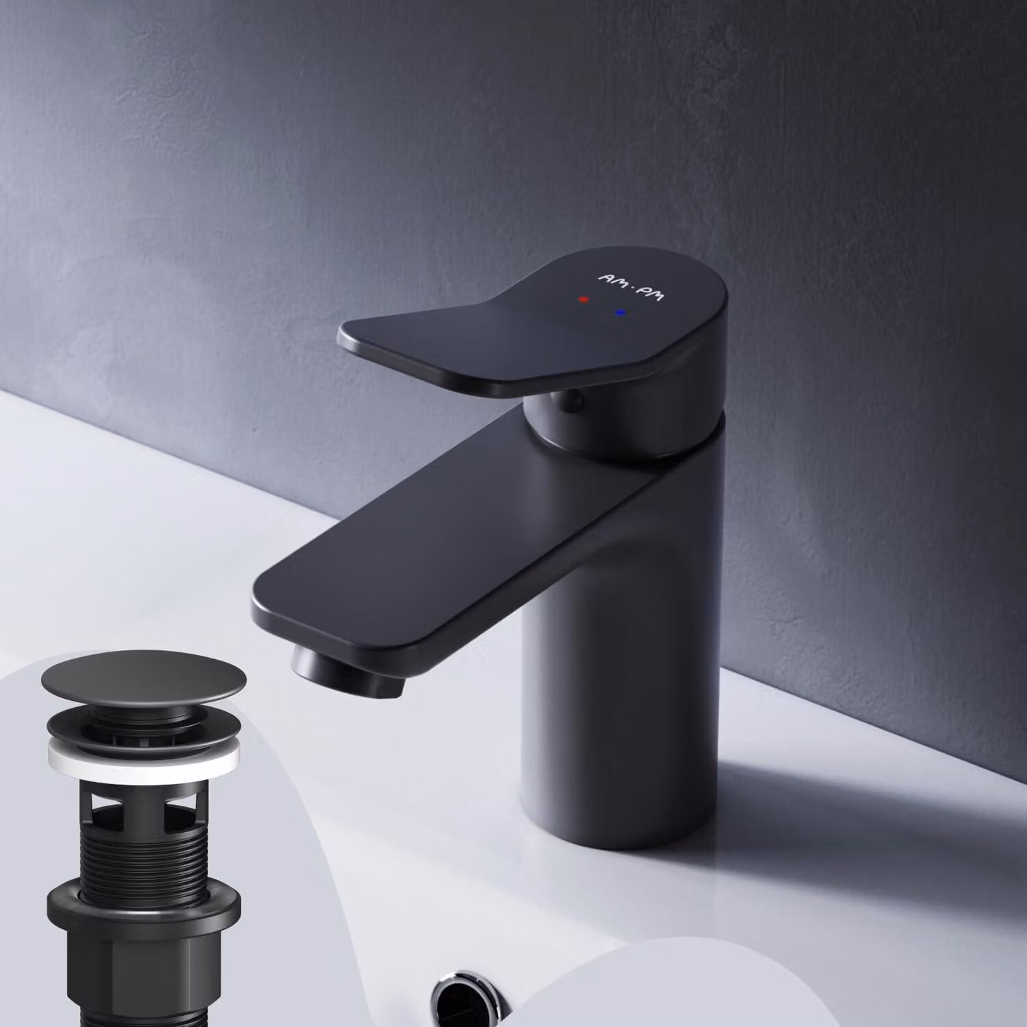 Miscelatore per lavabo, a risparmio idrico, con valvola a pulsante, 79 mm, finitura nera opaca