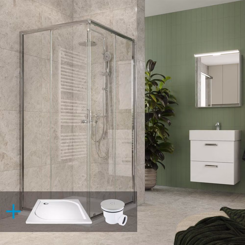 Set doccia Mereo Kora Lite: cabina doccia 80x80x185cm, cromo ALU, vetro trasparente, 80 cm, piatto, sifone - CK34133ZM
